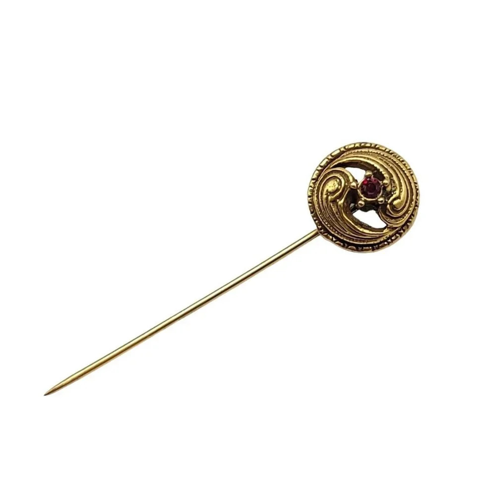 Red Glass Rhinestone Gold Tone Stick Pin Vintage 2" Art Nouveau Style